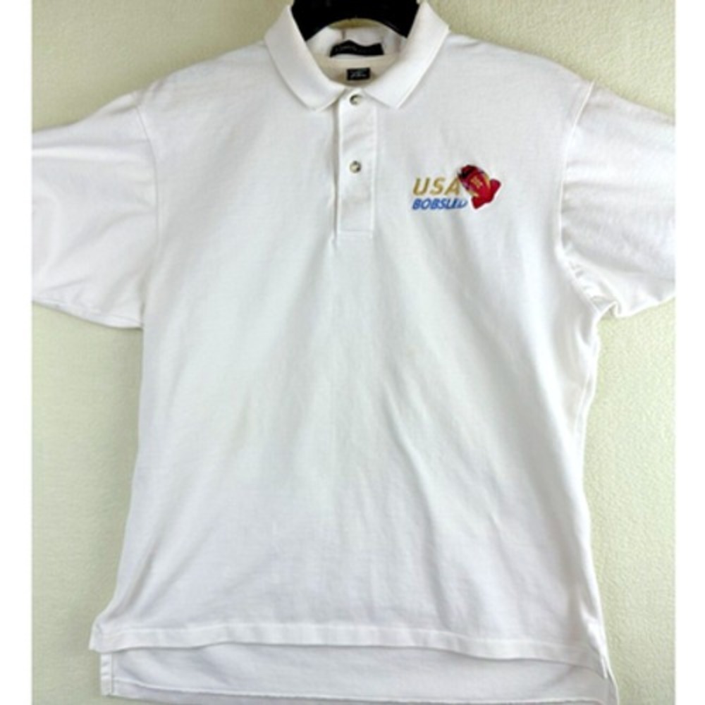Vintage 90s USA Bobsled Team White Polo Shirt Mens Size Medium Sprtsmaster Tag